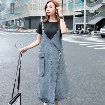 

2019 summer new women's simple large size loose casual fashion slim denim strap dress old irregular split strap dress m106