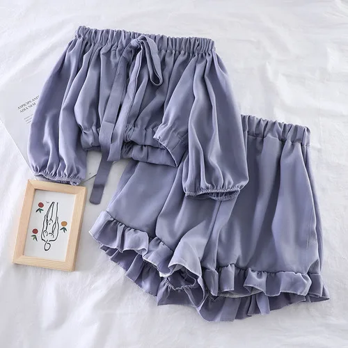 Модный женский комплект из двух предметов, короткий топ с галстуком-бабочкой+ гофрированные широкие шорты - Цвет: Фиолетовый