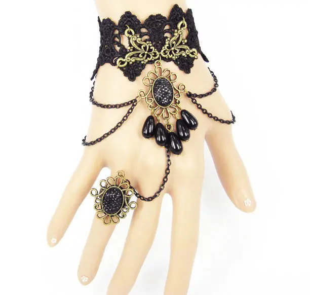 Handmade Black Lace Exotic Dress Bracelets Hand Jewelry with Ring Gothic masquerade Female Teenagers Women Wrist Accessories