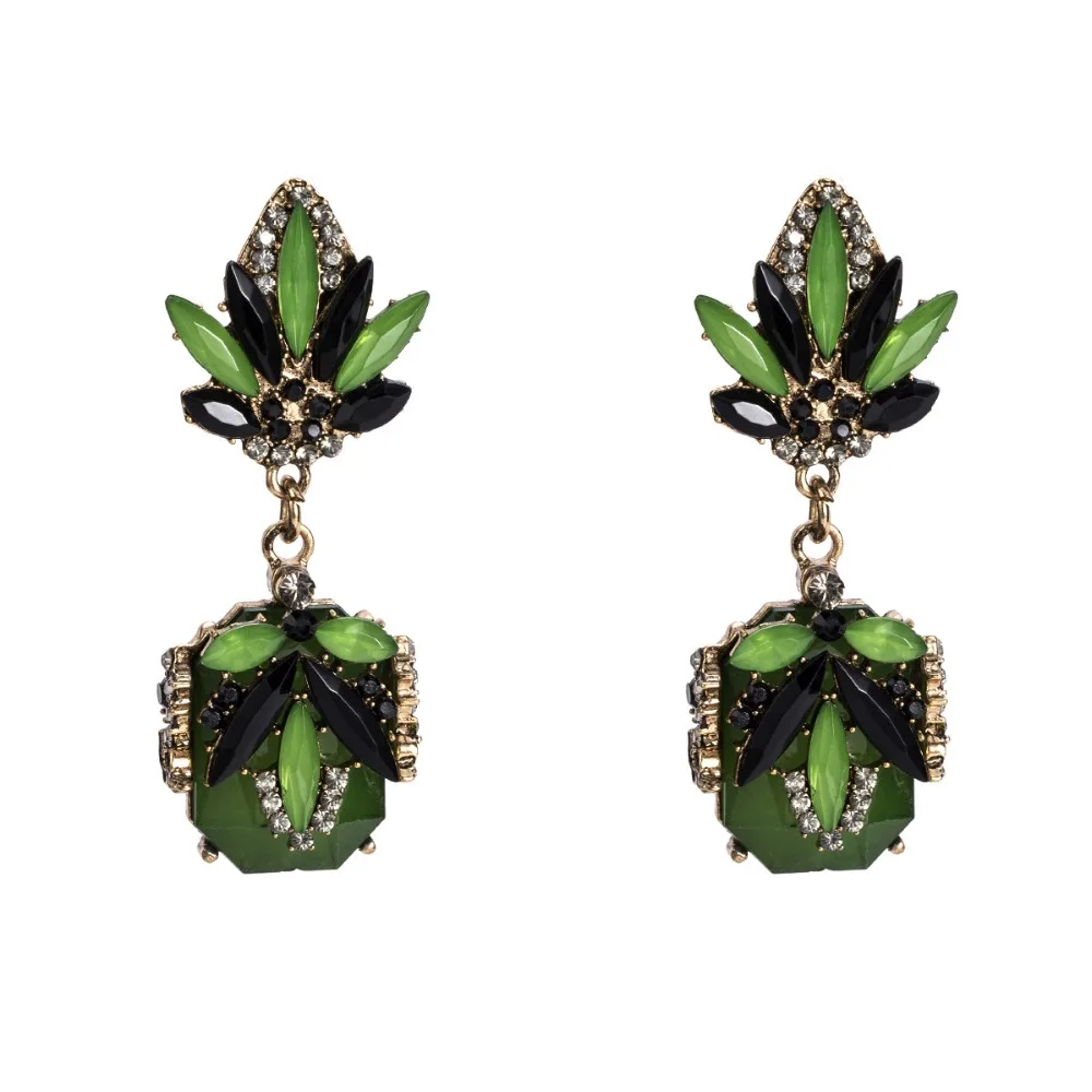 Vintage Crystal Green Stone Drop Earrings Rhinestone Inlaid Anti Gold