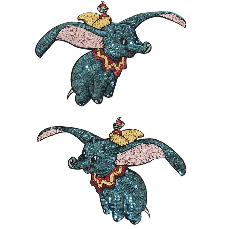 

1 Set(2 pcs) Dumbo Sequined Sew on Patches for Clothes Large Sequins Animal FLY ELEPHANT Patch Sewing DIY Decoration