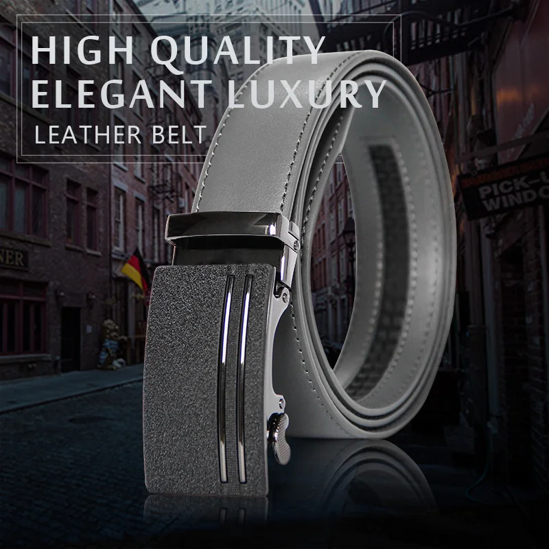 New Designer Popular Luxury Brand Cowhide Leather Belt Men Gray Automatic Buckle Business Casual Belts For Men 3.5 Width