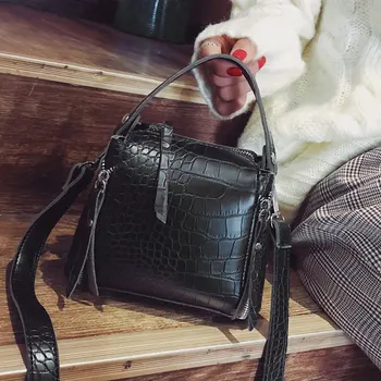 

Tonny Kizz small bag handbags for women bucket leather crossbody bags stone prints zipper tassel lady shoulder messenger bag