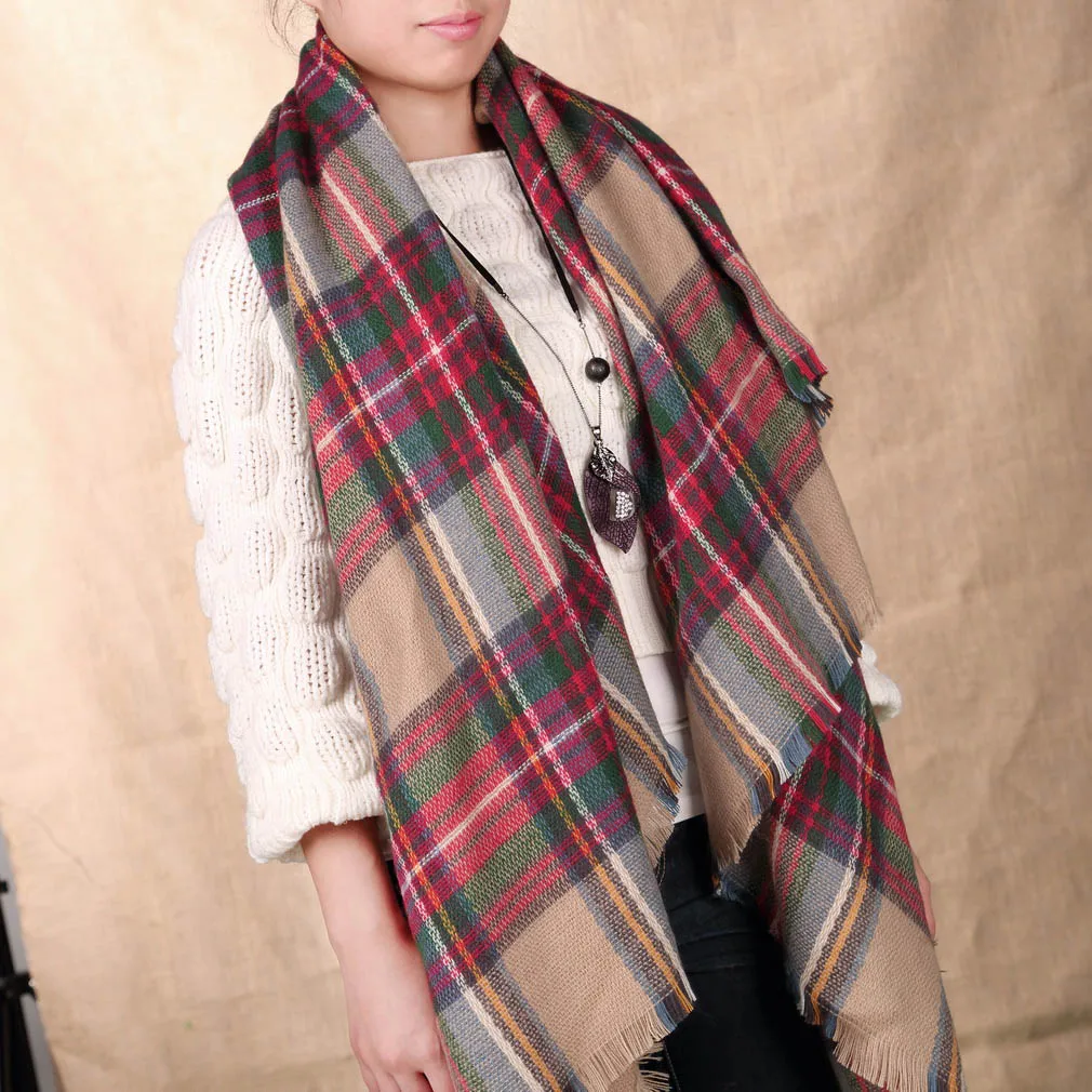 Women Oversized Blanket font b Tartan b font Scarf Wrap Shawl Plaid Cozy Faux Cashmere 2016