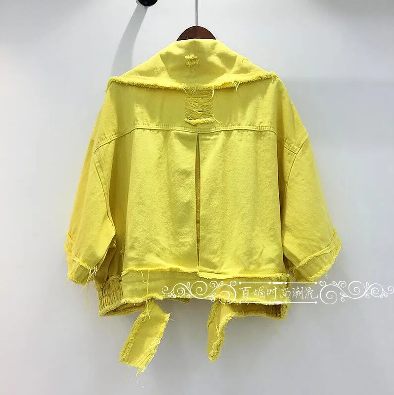 2018 Lettres Courte Jeans allumette Printemps Veste Femmes Femelle jaune De Tout Trous Rose Lâche Nouveau Ruban Manteau blanc Outwear Denim rxqrzpY1w