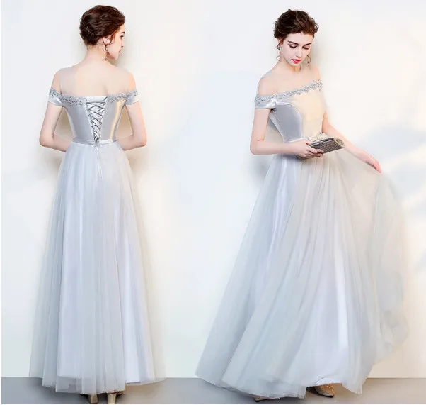 Vestido de festa, светильник, серое платье подружки невесты, рукав до локтя, атласное, иллюзионное, элегантное, для невесты, на выпускной, вечерние, торжественное платье принцессы - Цвет: B