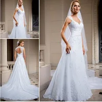 Vestido De Noiva 2014 New Arrival Vintage Cap Sleeves V Neck A Line Court Train Lace Wedding Dresses With Open Back LT32