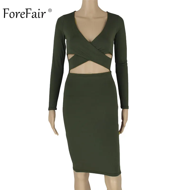 ForeFair с длинным рукавом Bodycon Midi Бандажное платье для женщин хлопок эластичные элегантные сексуальные платья белый черный красный Женское зимнее платье - Цвет: Dark Green Dress