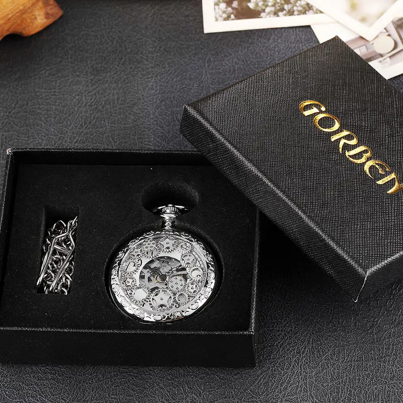 Винтажные серебряные ручные механические карманные часы для мужчин, полый механизм, двухсторонний стимпанк Скелет, брелок, часы, ожерелье с цепочкой