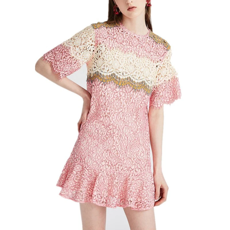 

Sweet Pink Lace Dress for Women 2019 Summer Short Sleeve Loose Straight Dress Female Ruffles Cute Party Dress Robe Omighty Dames