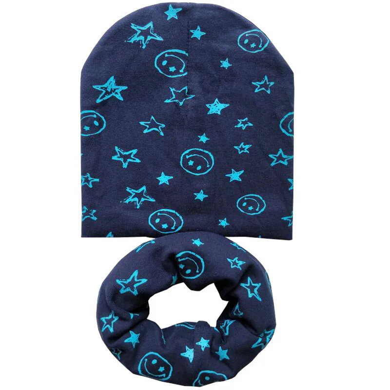 Новая осенне-зимняя детская шапка, комплект для мальчиков и девочек, шарф на шею, весенний теплый шейный платок, детские вязаные шапки, комплекты, хлопковая детская шапка, шарф - Цвет: Navy Smile Set