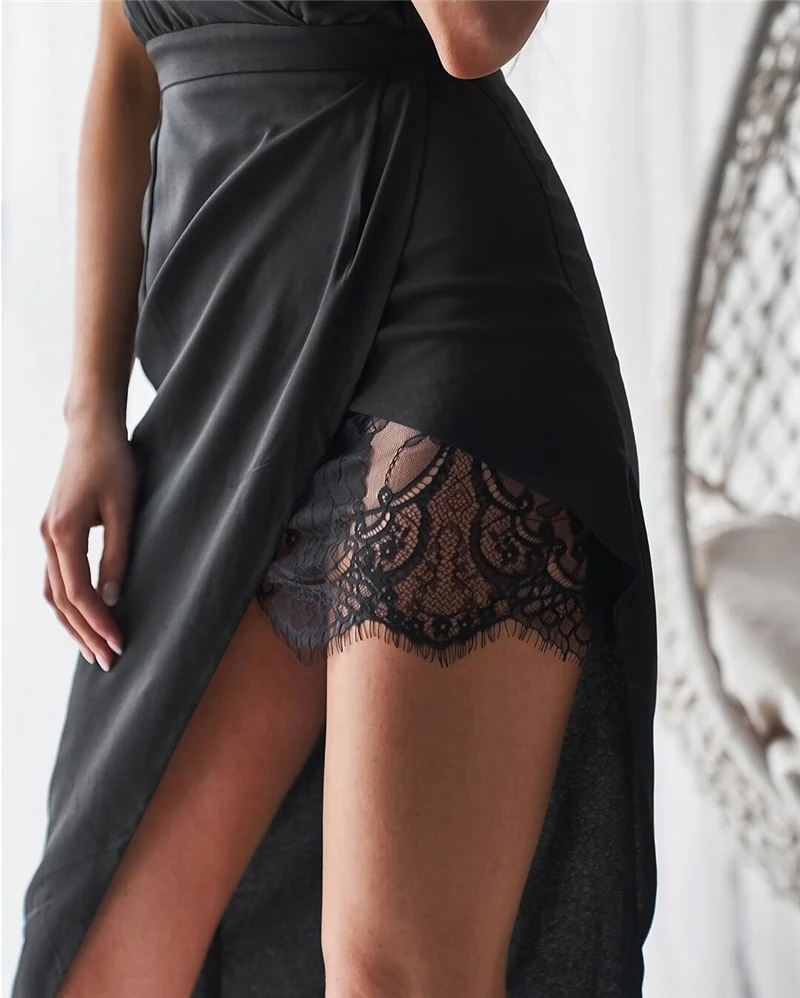 Forefair summer black strap sexy dress women 2019 sleeveless backless v neck patchwork lace split wrap party dress (9)