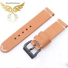Promotion 24mm High Quality Mens Genuine Leather Watch Strap Band Black Brushed Clasp Buckle Free Shipping
