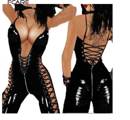 

Fcare zip over crotch PU leather dress backless zip sexy lingerie