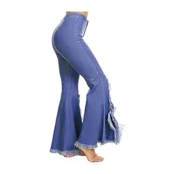 2018 Высокая талия расклешенные джинсы бойфренд джинсы для женщин tassle обтягивающие женские рваные джинсы Широкие джинсовые брюки Femme