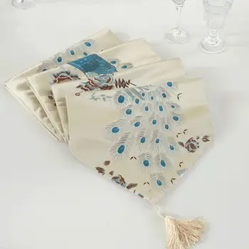 

European Style Random Color Silk Multifunction Table Runner with Peacock Feather Pattern Wedding Party Table Decoration
