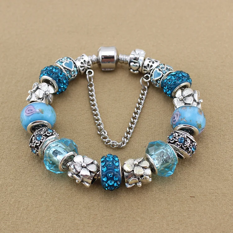 

Blue-Framed Glazed Crystal petals Beaded European-Style Doble Silver-Plated Pandora Bracelet Jewelry DYI Handmade For Women