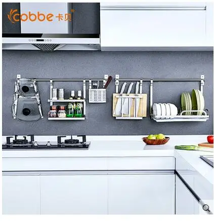 

The kitchen shelf wall is covered with a stainless steel hook for the use of a biter