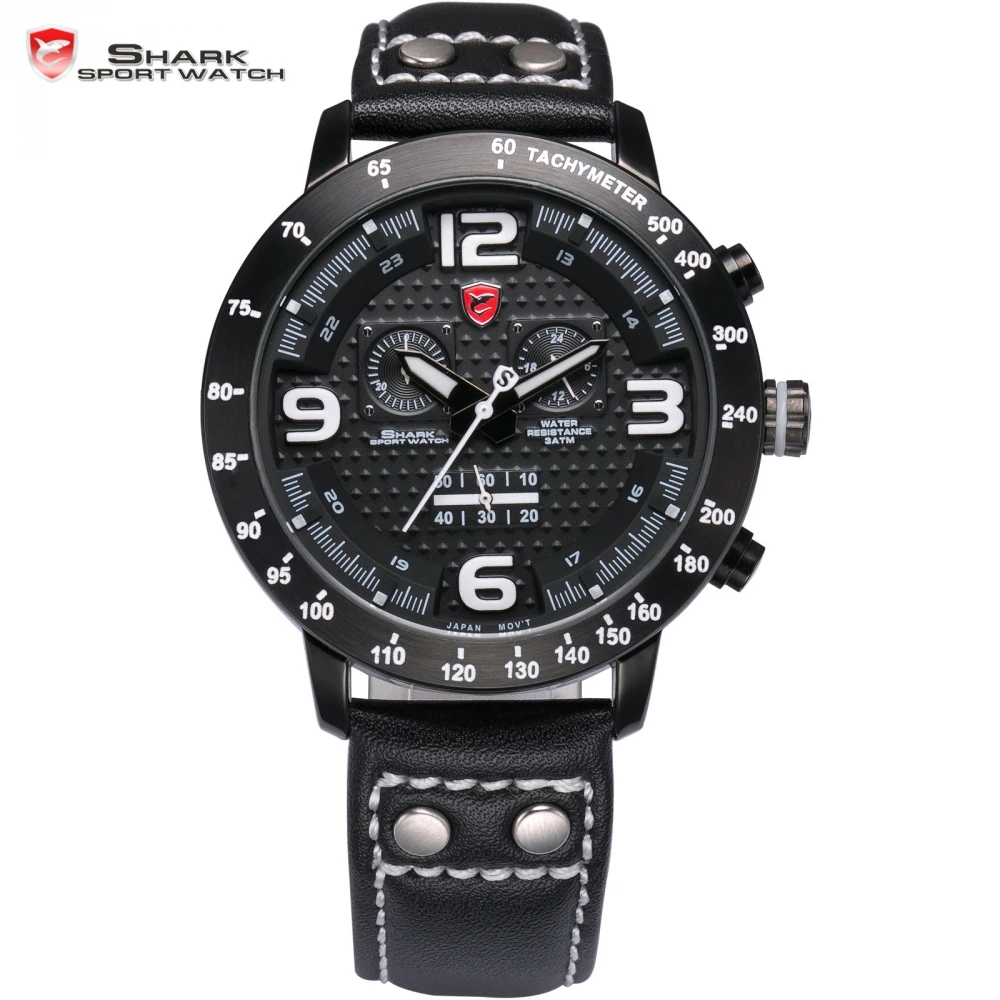 Longfin SHARK Sport Watch Chronograph Genuine Leather Strap Mens