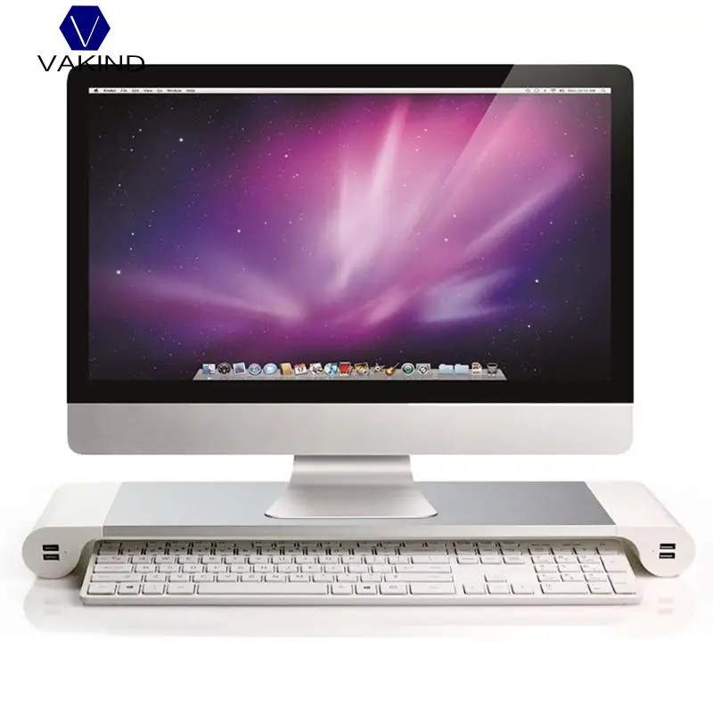 

VAKIND Aluminum Alloy Monitor Stand Space Bar Dock Desk Riser with 4 USB Charging Ports for MacBook PC Laptop Holder US/EU Plug