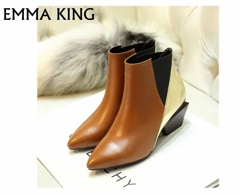 

Genuine Leather Winter Women Boots Pointed Toe Slip On Strange High Heel Mixed Color Ankle snow boots high quality EURO35#-43#