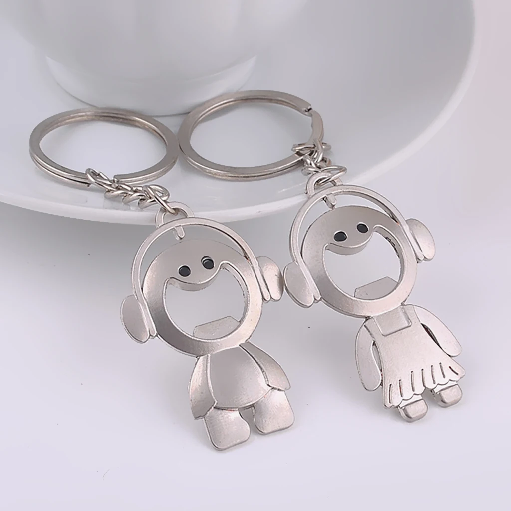 

1 Pair Lovers Keychains Boy and Girl Listening to Music Charm Bottle Opener