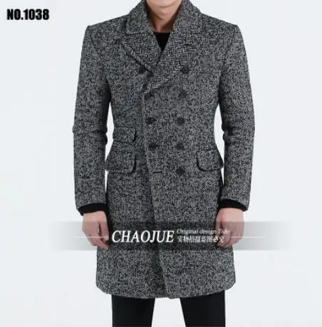 

S-6XL ! Herringbone wool 2017 cotton-padded coat male spring and autumn Men fashion medium-long vintage lapel woolen outerwear