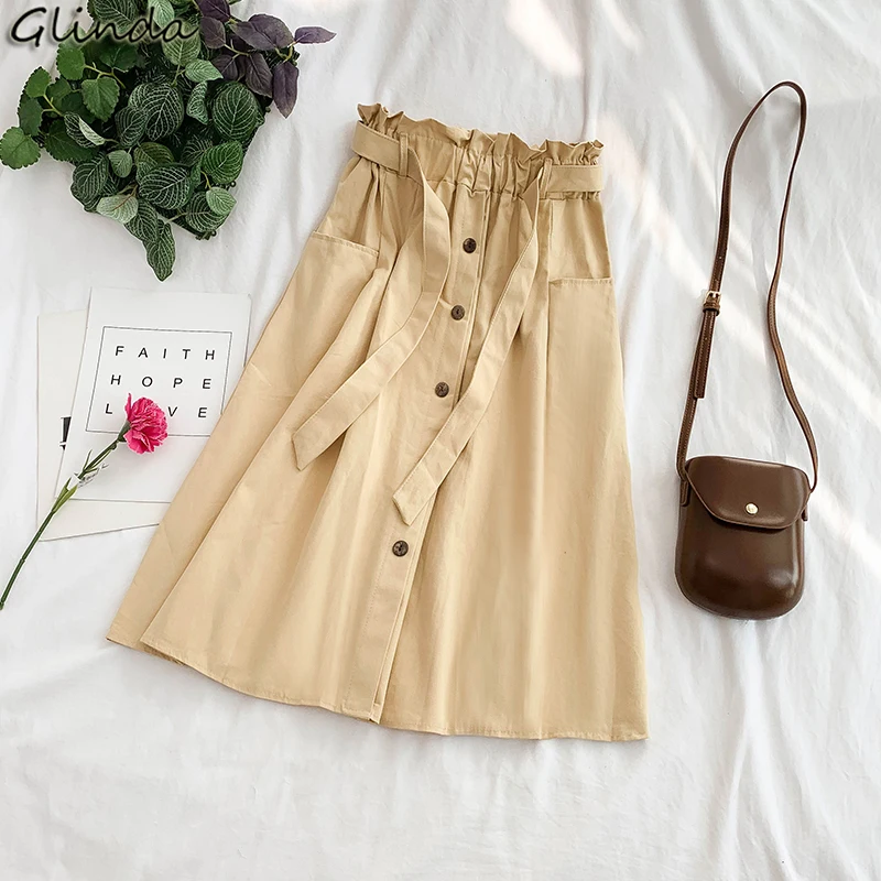 

Casual With Belt Midi Skirt Women Sexy Single Breasted Long Pleated Slim Women Skirt Female Elegant Summer High Waist Festival