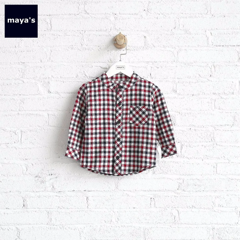 

Mayas Kids Full Sleeves Cotton Plaid Pocket Shirt Children Soft Breathable Color V Neck Blocking Button Vintage Tops Wear 75106