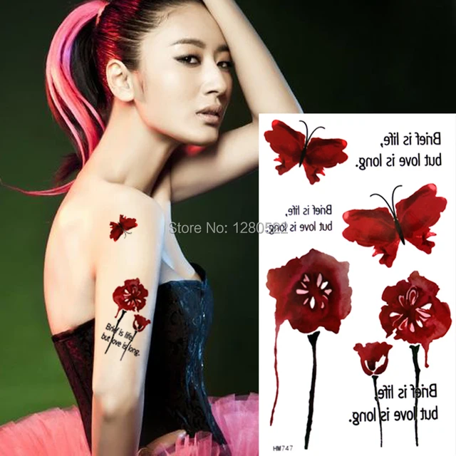 1 Pcs New Red Black Letters Rose Butterfly Sex Temporary Tattoo Sticker