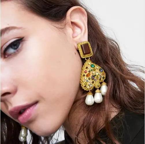 

2019 ZA Statement Earring Big Golden Alloy Heart Dangle Earring for Women Crystal Imitation Pearl Drop Earring Wedding Jewelry