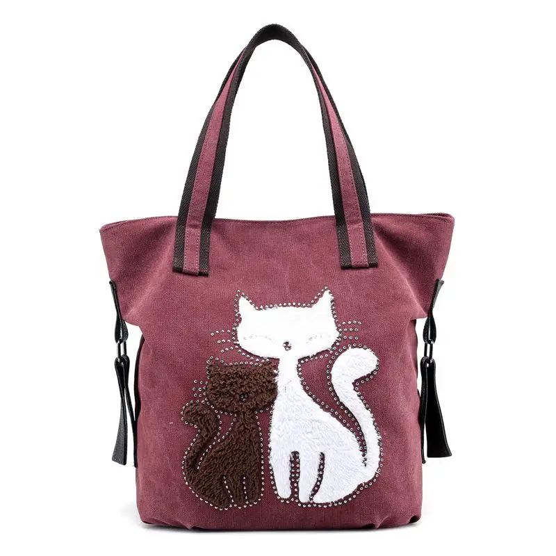 Женская Холщовая Сумка с вышитым котом, повседневные женские сумки на плечо, вместительные женские сумки, брендовая дизайнерская женская сумка-тоут - Цвет: Фиолетовый