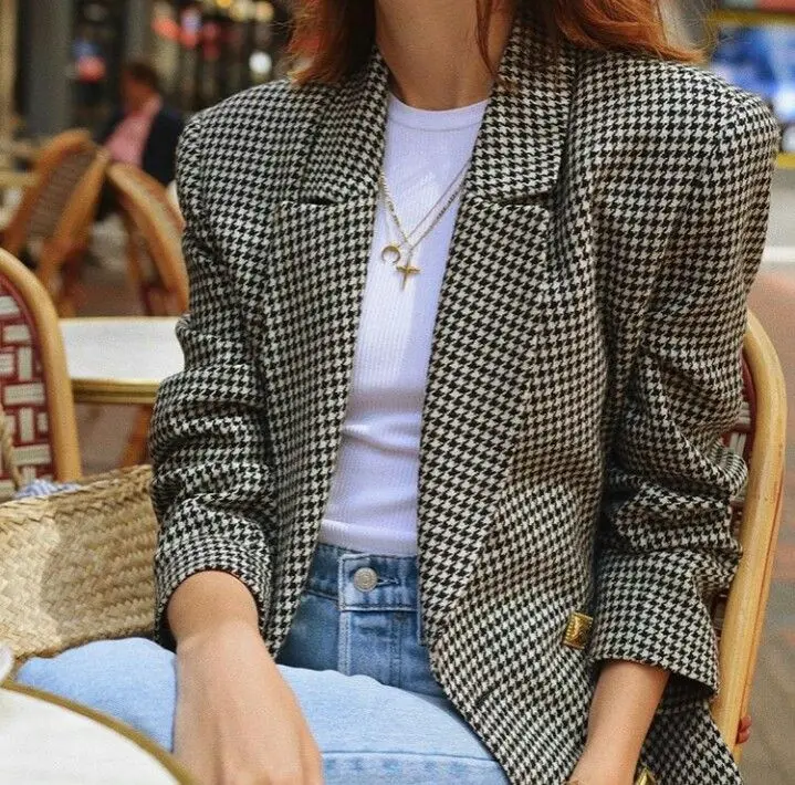 

Houndstooth Casual Suit Coat Woolen Jacket Retro Slim OL Autumn Winter Hight Quality Plaid Overcoat