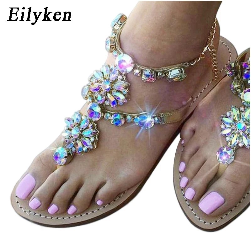 Eilyken/ женские сандалии, женская обувь, стразы, кристаллы, цепи, стринги, гладиаторские плоские сандалии, Chaussure размера плюс 35-47