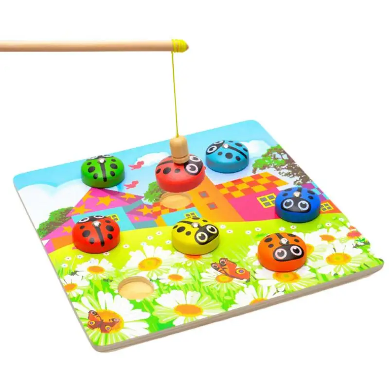 

3D Beetle Shape Parent-Kids Play Toys Fishing Game Toys Cartoon Wooden Magnetic Fishing Toy Colorful For Children Birthday Gift