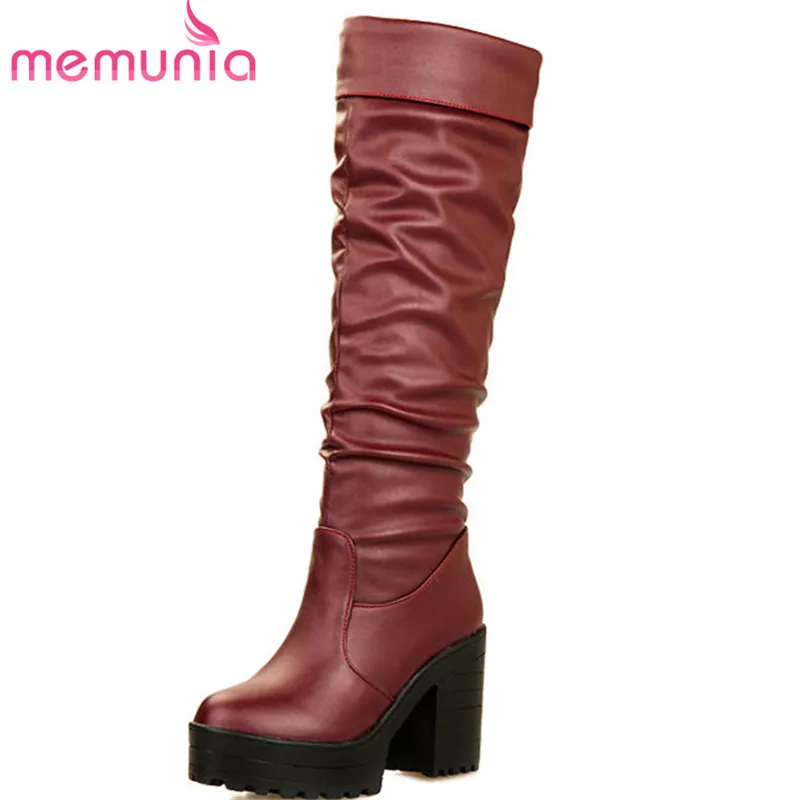 

MEMUNIA 2018 big size 34-43 round toe platform boots slip on autumn winter knee high boots sexy high heels shoes woman black
