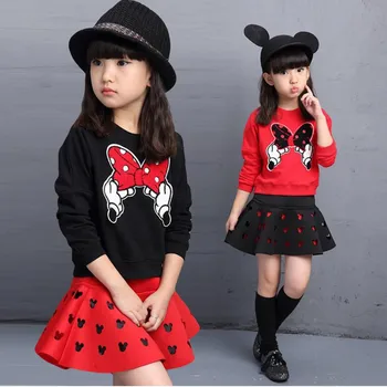 2020 latest spring and autumn piece fitted girls, cartoon bow embroidered sweater hollow horn + skirt suit 3-8 year-old girl set 1