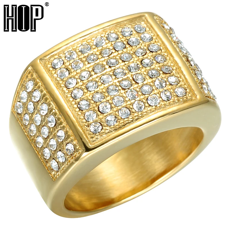 

HIP Hop Full Micro Pave Rhinestone Iced Out Bling Bling Square Ring IP Gold Color Titanium Stainless Steel Rings for Men Jewelry