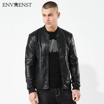 

Envmenst Men's Leather Jackets Baseball Stand Collar Leather Coats Printed Men Windbreaker Motor Biker PU Jacket Street wear