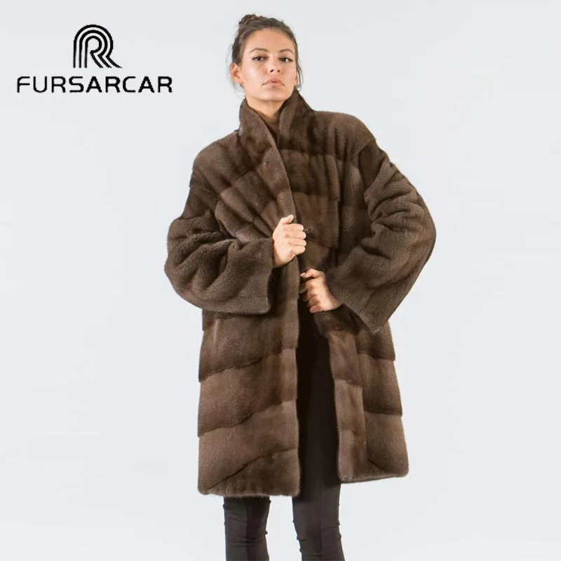 

FURSARCAR 90 CM Long Natural Real Mink Fur Coat Women With Stand Collar Full Pelt Winter Elegant Mink Fur Female Coat