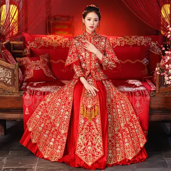 

Oriental Ancient Female Marriage Suit Noble Women Flower Tassel Wedding Qipao Vintage 2PCS Mandarin Collar Cheongsam Vestidos