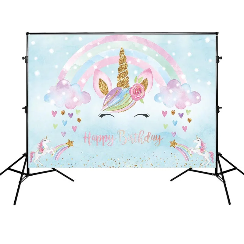 

Mehofoto Happy Birthday Party Background Rainbow and Unicorn Backdrop Blue Theme Banner Decoration for Children