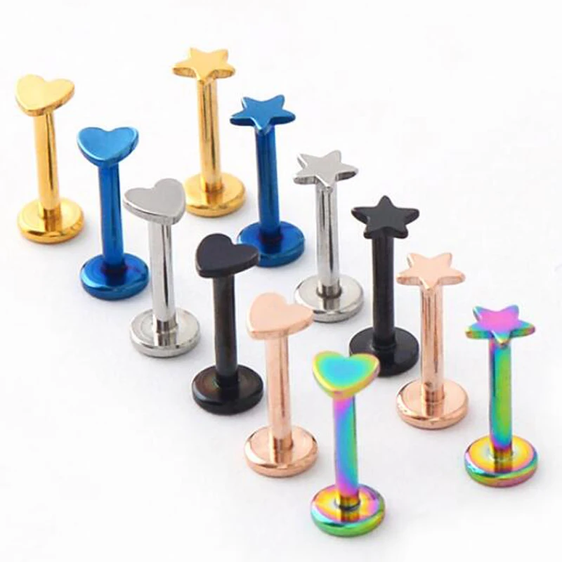 

1 Piece 16G 1.2mm Stainless Steel Labret Rings Heart Star Internally threaded Lip Ring Tragus Earring Body Piercing Jewelry
