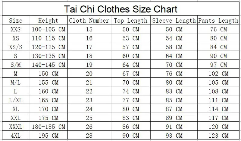 Tai ji cloth size chart
