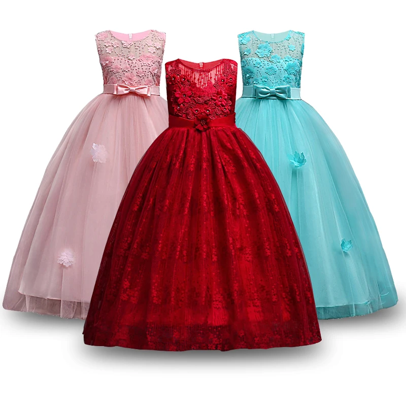 

2019 Teens Girls Party Dress Elegant Girl Princess Costume Sleeveless applique Girl Dresses birthday Lace Tulle Long dress 4-14y