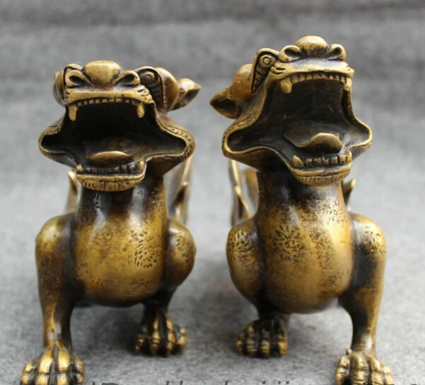 

xd 001795 10" Chinese Bronze FengShui Wealth Mythical PiXiu Dragon Unicorn Statue Pair