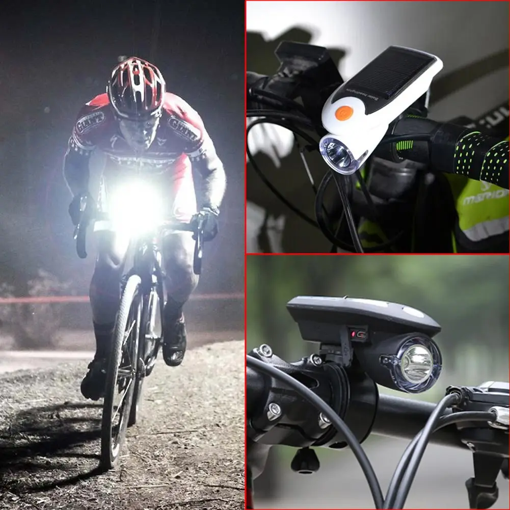 Светодиодный велосипедный светильник на солнечной батарее с зарядкой от USB 2,0, передний головной светильник, Аксессуары для велосипеда с солнечной энергией, 3 режима яркости