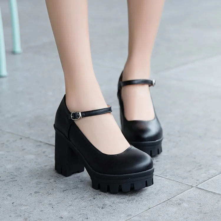 PXELENA Vintage Women Shoes Chunky Block High Heel Rock Goth Pumps 2019 Spring Ankle Strap Platform Thick Heel Black White - at the price in aliexpress.com | imall.com
