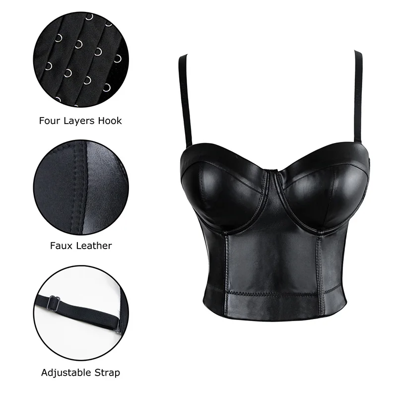 Aonve Women Summer Sexy Top PU Leather Festival Clothing Tops Bralette Cropped Top Female Punk Goth Clubwear Black Red Plus Size sleep camisole