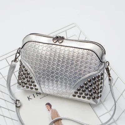 Вязаная клетчатая женская сумка-мессенджер, модная сумка с заклепками, маленькая сумка из искусственной кожи, повседневный клатч, черная кожаная сумка на плечо с цепочкой - Цвет: silver
